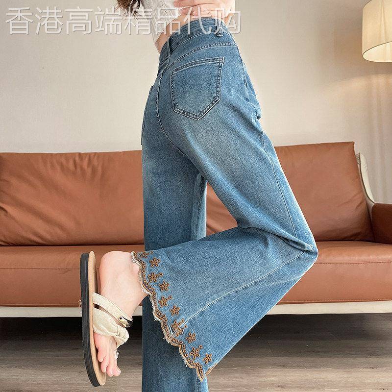 国风花边刺绣牛仔裤女夏季薄款2026新款高腰显瘦小个子绣花喇叭裤