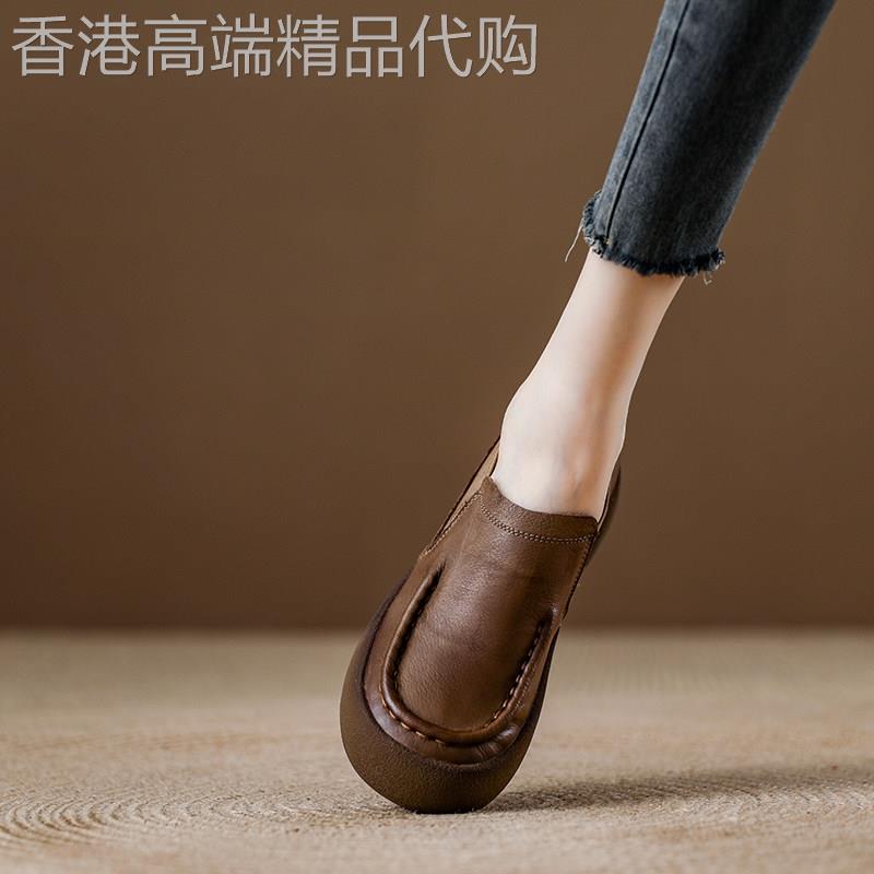 西班牙小众品牌ONGYSL软底覆古大头鞋松紧带真皮单鞋女一脚蹬女鞋