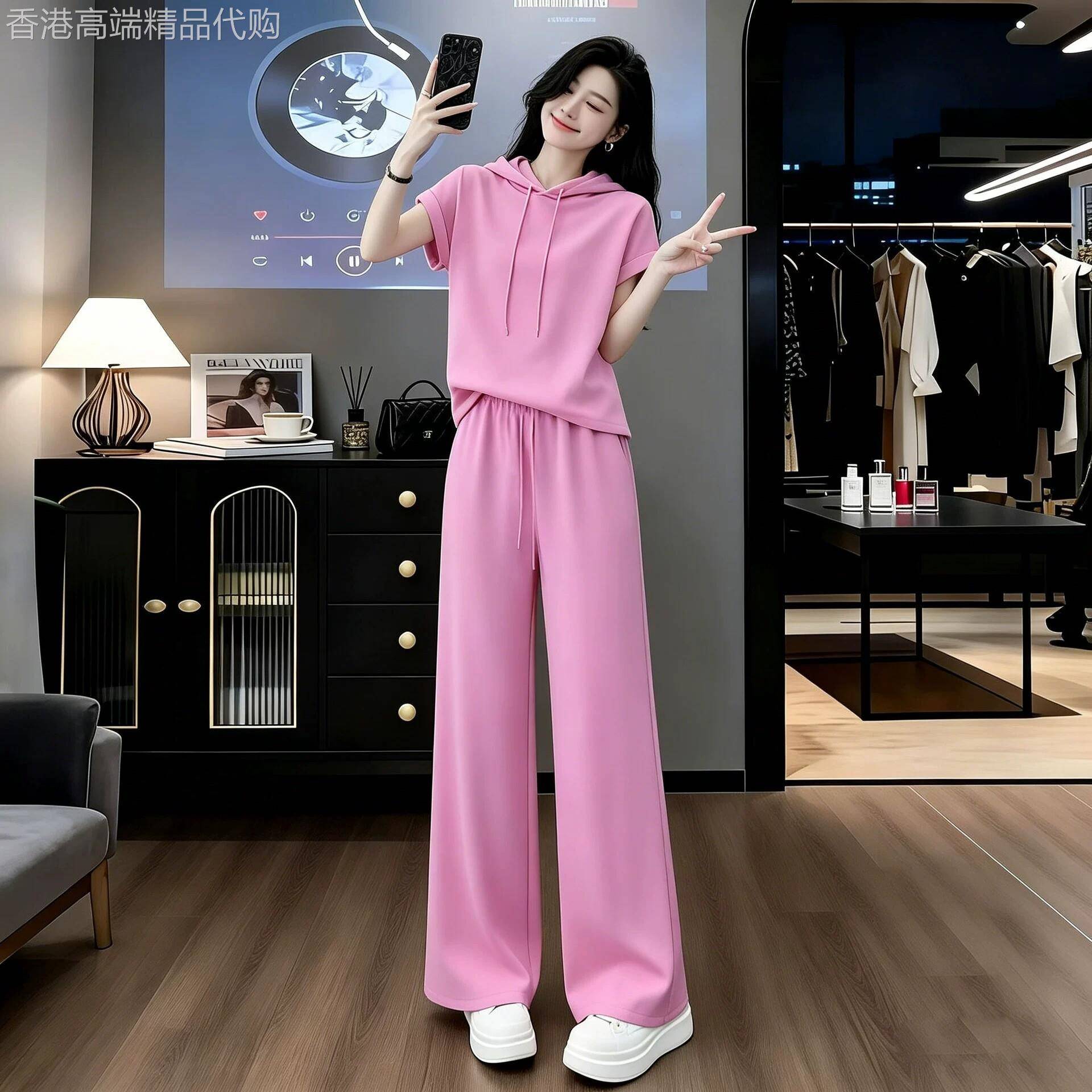 欧洲站粉色连帽短袖时尚休闲套装女2026新款夏季时髦洋派两件套潮