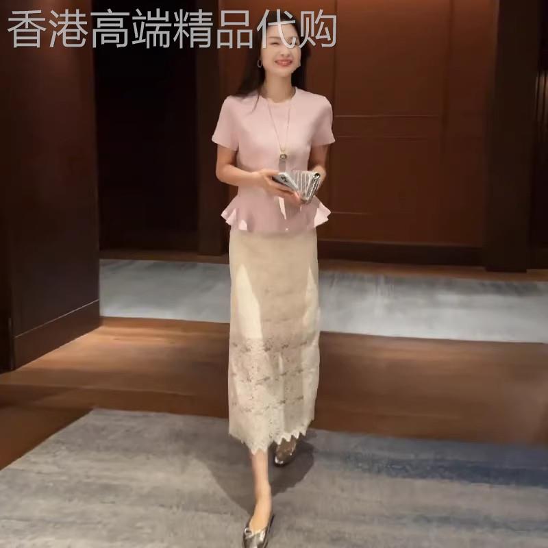 香港代购时尚套装裙女2026夏新款设计感短袖T恤蕾丝半身裙两件套