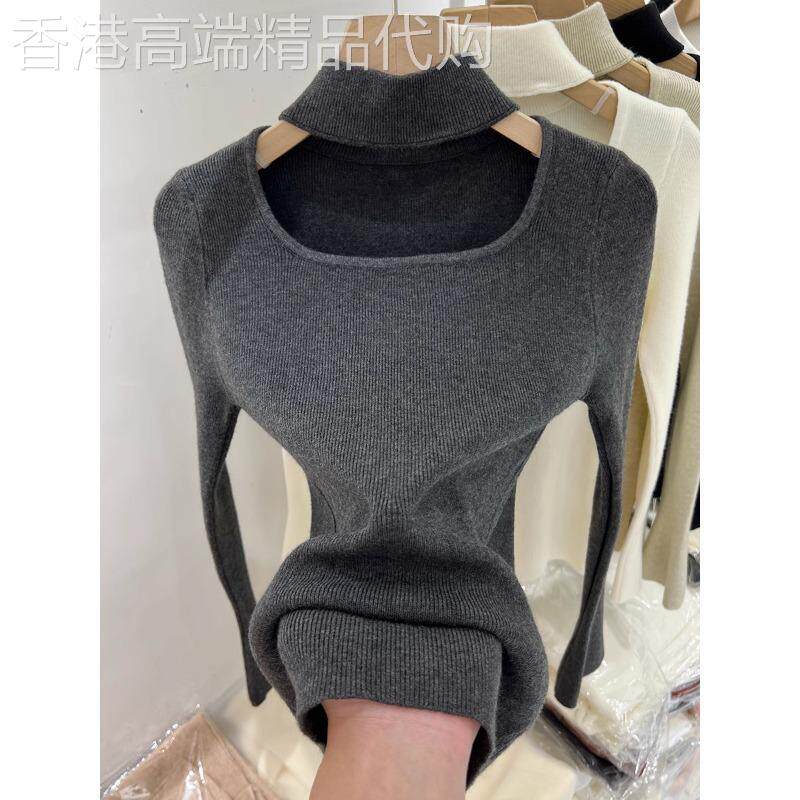 灰色镂空挂脖针织打底衫女款秋冬性感纯欲风修身内搭U领长袖上衣