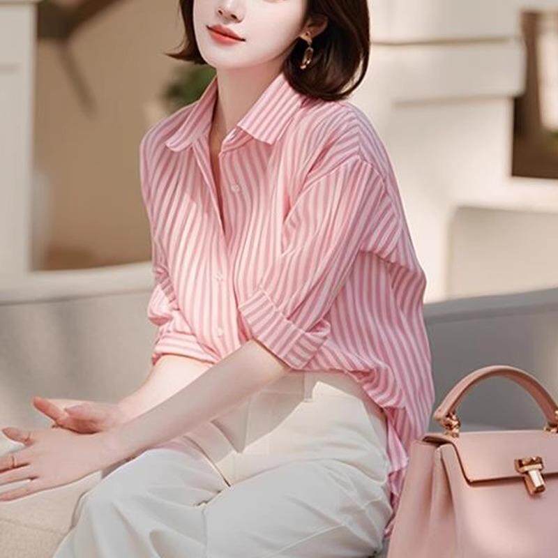 欧洲站粉色条纹翻领衬衫女高级感轻奢减龄洋气2025春秋冬雪纺衫潮