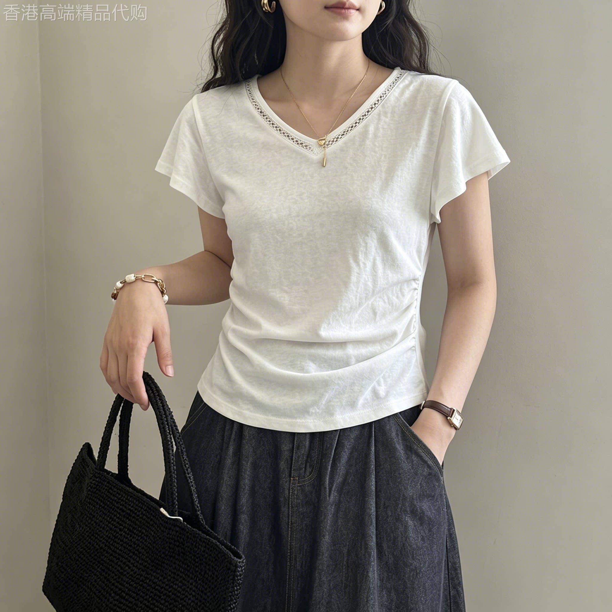 正肩短袖T恤女2026夏季新款韩版收腰显瘦气质休闲百搭镂空v领上衣