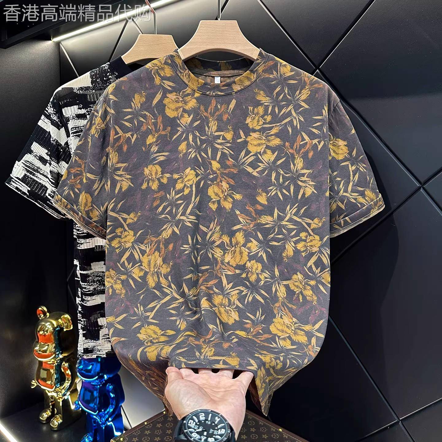 高端花卉油画短袖T恤男士2026新款春夏季扎染轻奢宽松半袖衫男款