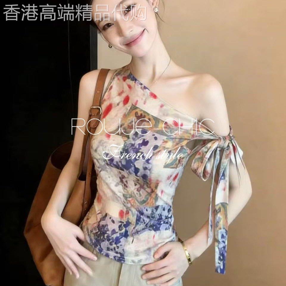 法国rouje chic夏季网纱印花露肩无袖上衣法式修身绑带缩褶背心女