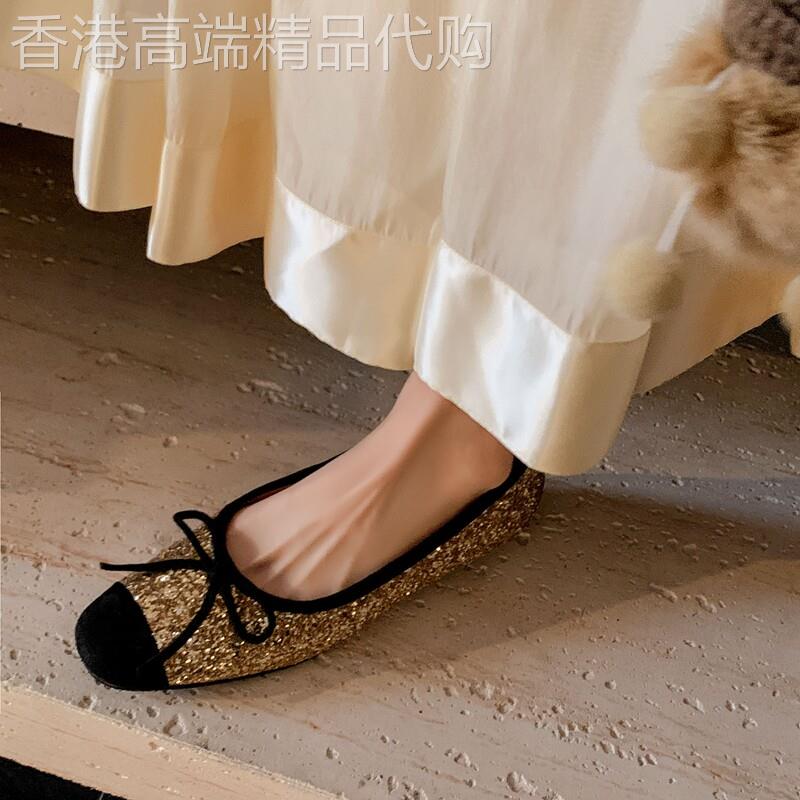 bling闪耀~小香风亮片蝴蝶结浅口单鞋名媛拼色不累脚平底孕妇女鞋