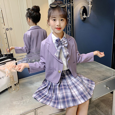 女童春装JK裙子西装套装六七八十二岁小女孩学院风AJ衣服生日紫色