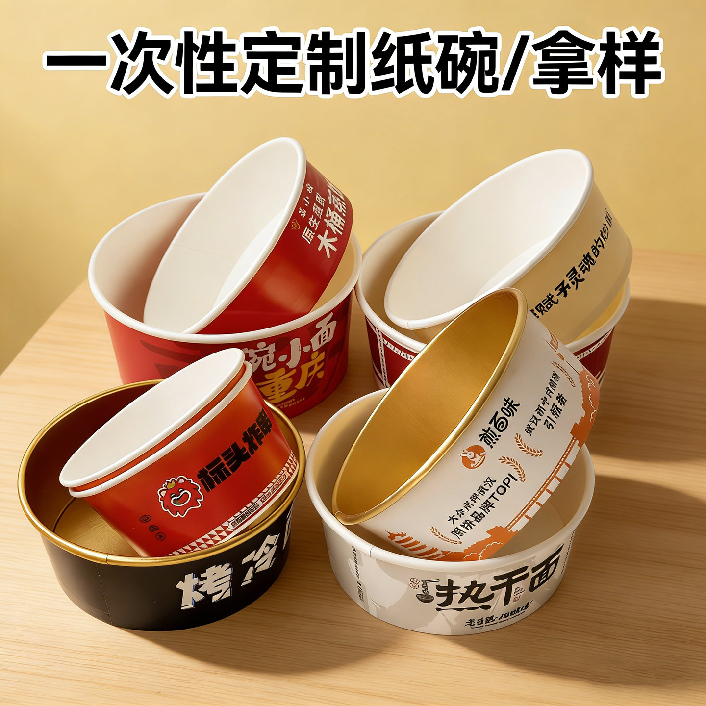 一次性纸碗打包碗外卖饭店餐馆专用定制LOGO圆碗餐盒带盖加厚