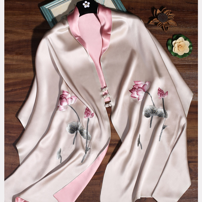 女式披肩真丝桑蚕丝旗袍礼服外搭围巾苏州手工苏绣花荷花盘扣丝巾