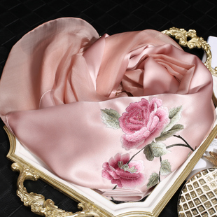 真丝丝巾女粉色苏州丝绸刺绣披肩妈妈款送礼时尚苏绣围巾