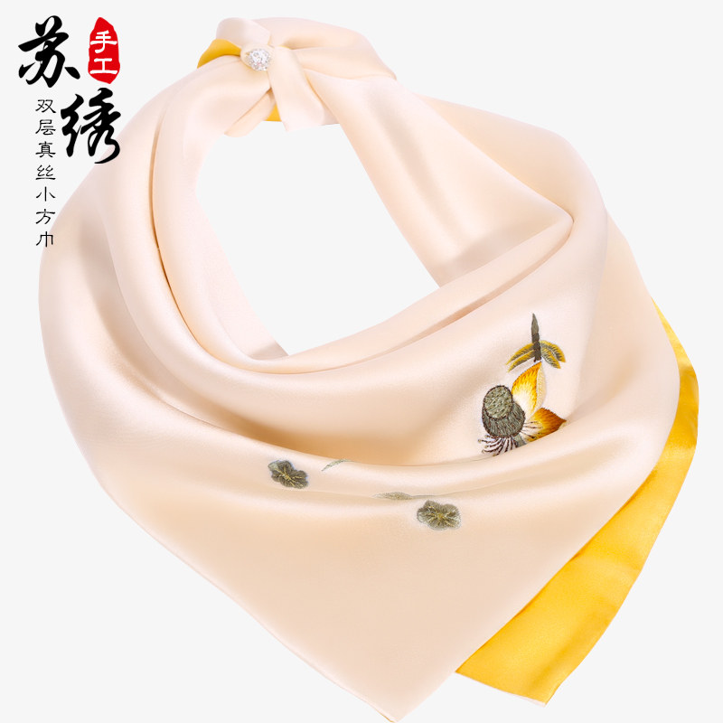 真丝丝巾方巾女士春秋百搭中年妈妈古风刺绣荷花55厘米丝绸围巾