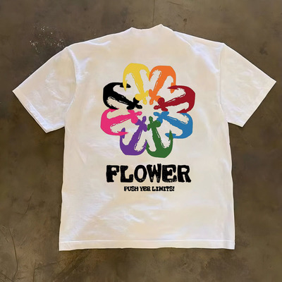 「不被定义」彩虹花型潮酷印花T恤青年街头感春夏季圆领短袖男