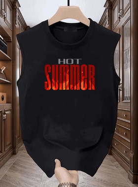 2024夏季新款火焰印花无袖背心男士休闲坎肩T恤纯棉套头宽松不透