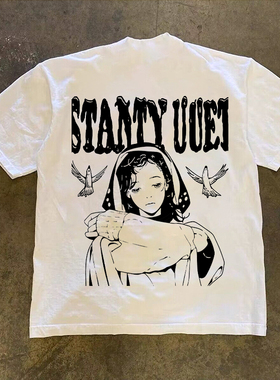 260g重磅不透原创圣女和平鸽纯棉短袖男夏季美式休闲情侣t恤上衣