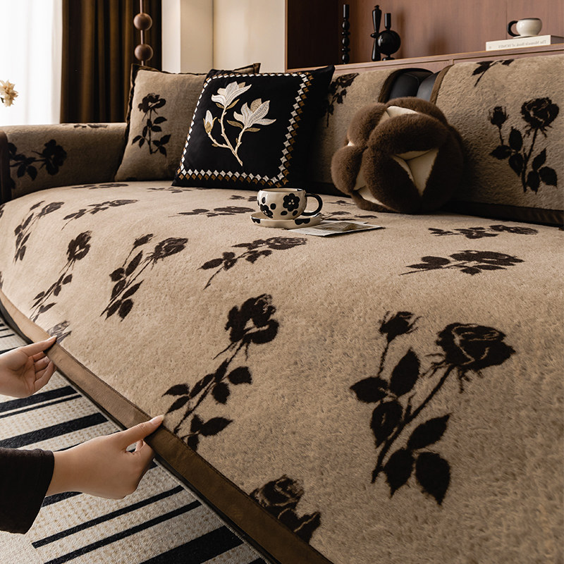 沙发垫秋冬毛绒加厚防滑沙发坐垫子仿兔毛沙发盖布冬季保暖沙发套