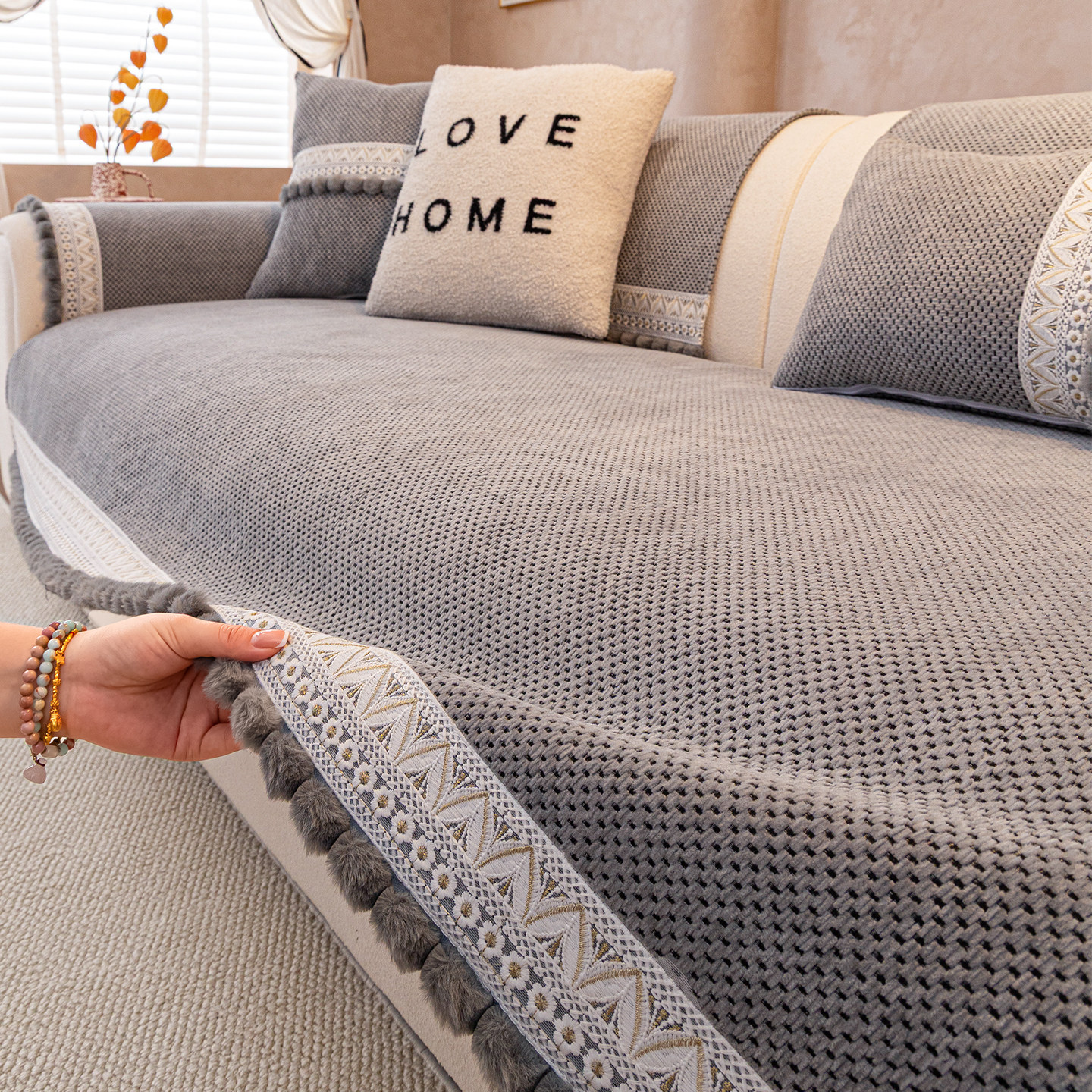 法式直边高级感雪尼尔沙发垫2026新款四季通用固定防滑沙发坐垫子