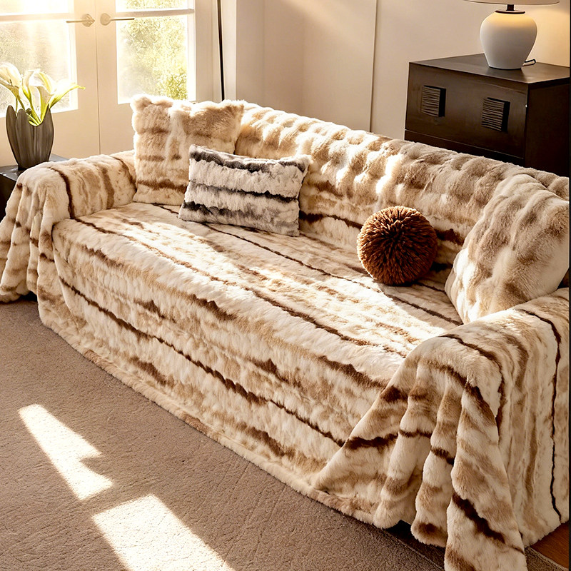 复古轻奢加厚全包兔毛绒沙发巾盖布2025冬季新款保暖沙发套罩毯子