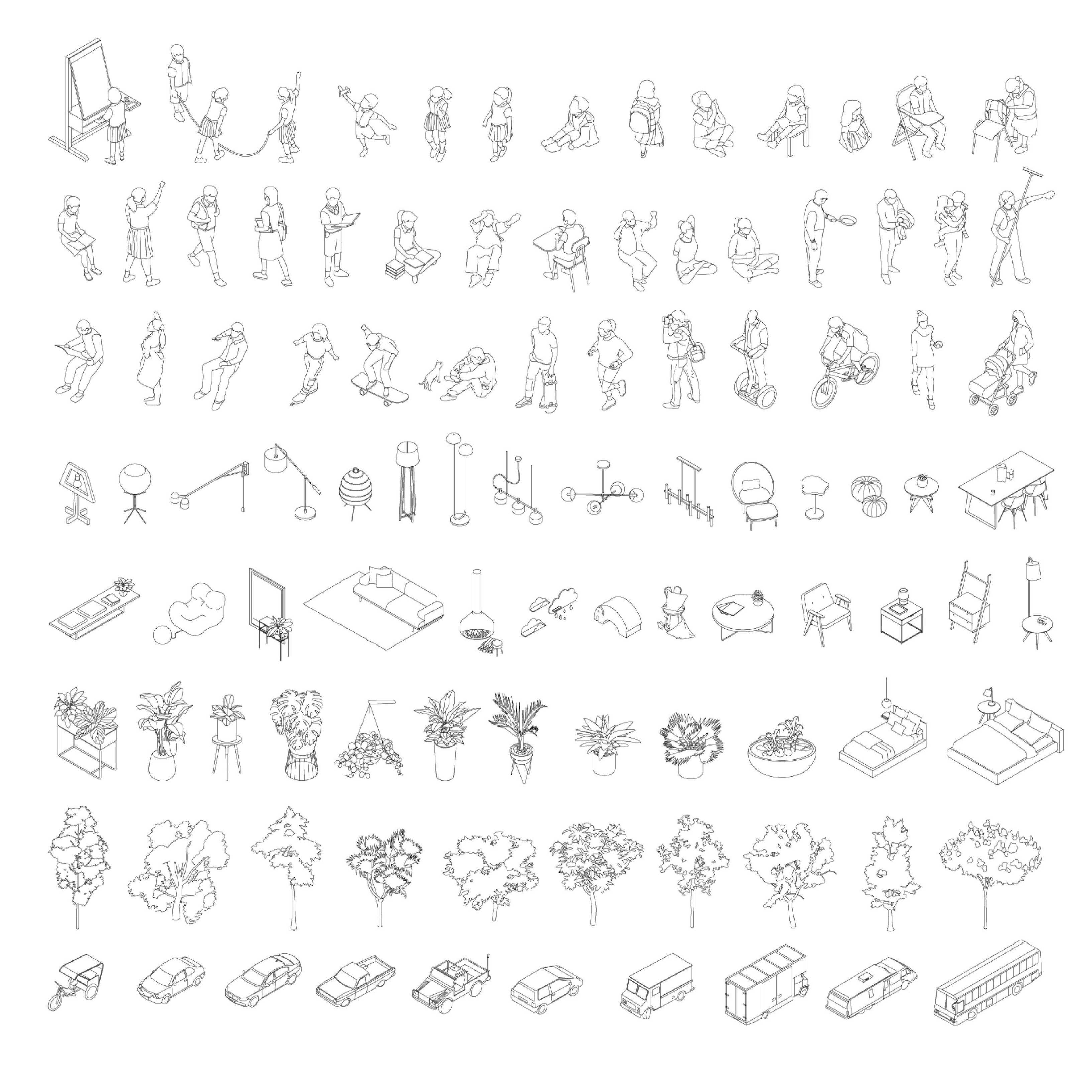 轴测图线稿素材AI10类100组人物植物学校家具幼儿园CAD