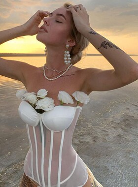 欧美修身绑带鱼骨束腰纯色网纱透视性感抹胸宫廷裹胸女sexy women