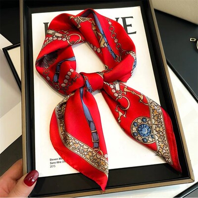 Luxury Chain Print Small Square Scarf Simulated Silk Thin Ne