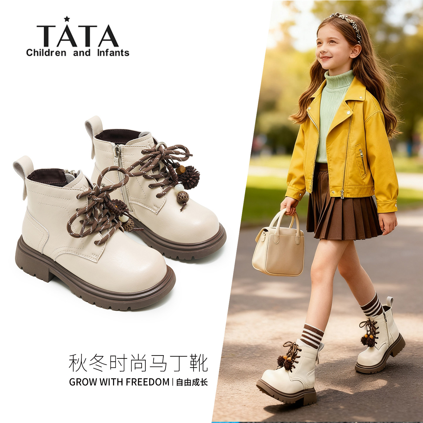 TATA童鞋儿童白色短靴2025秋冬新款防滑马丁靴单靴女童洋气小皮靴,童鞋/婴儿鞋/亲子鞋,皮靴,淘宝优惠券,粉丝福利购,淘宝优惠卷