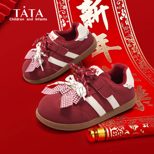 马年限定|他她童鞋女童加绒运动鞋棉鞋新年红色德训鞋二棉阿甘鞋
