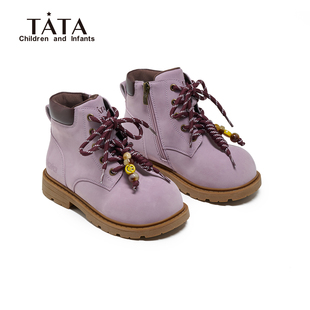TATA他她童鞋女童马丁靴冬季新款男童加绒大黄靴英伦风儿童短靴子