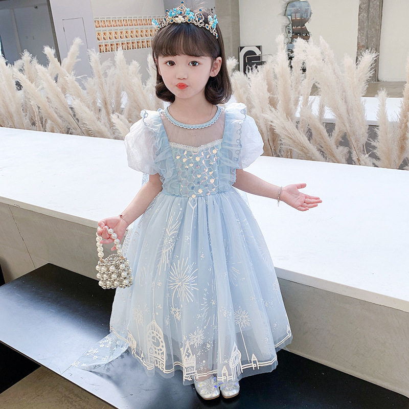 女童爱莎公主裙迪士尼城堡印花cosplay艾莎裙儿童夏季中长款纱裙_虎窝淘