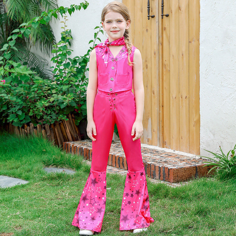 欧美新款女童芭比系列套装COS真人芭比同款甜美牛仔两件套喇叭裤