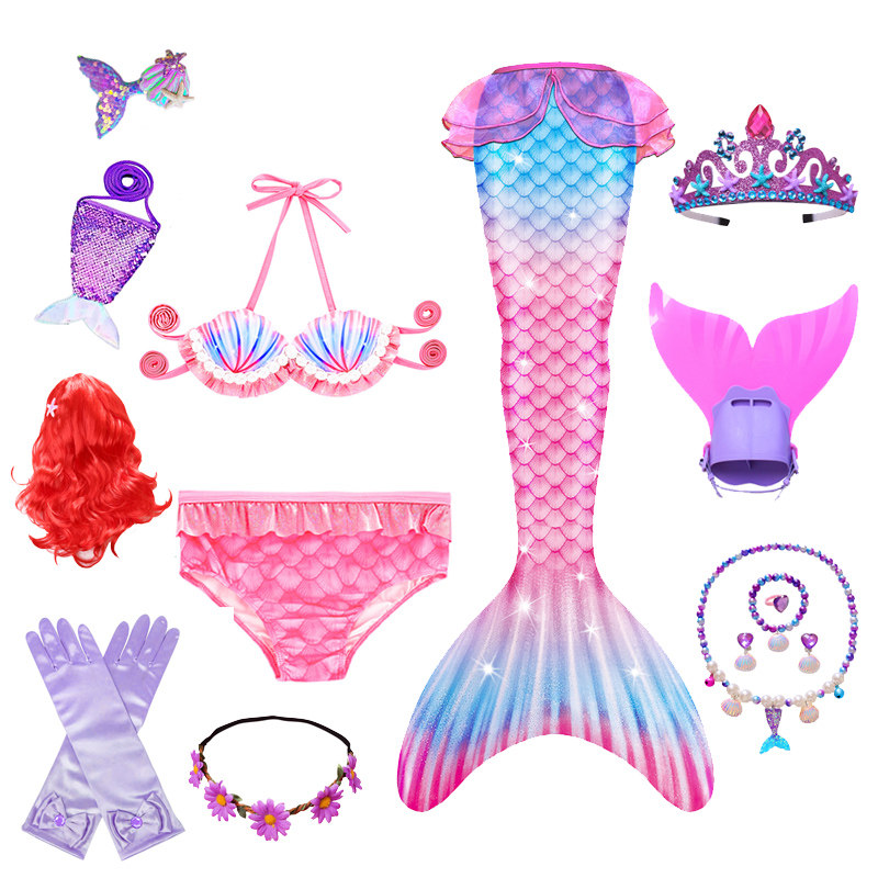 女童美人鱼爱丽儿游泳衣彩色分体式比基尼吊带洋气泳装cos鱼尾服