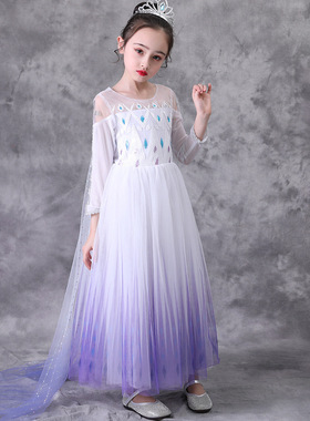 冰雪奇缘2爱莎女王Elsa白色长袖纱裙女童公主生日礼服万圣诞节裙