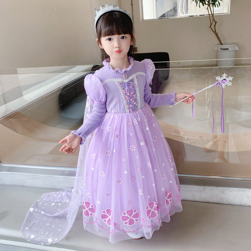 秋冬女童装苏菲亚针织毛衣裙紫色洋气蓬蓬网纱裙co表演服生日送礼