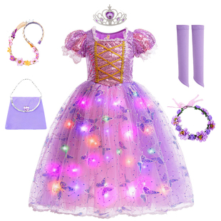 女童发光长发公主裙cosplay乐佩扮演服装 彩灯洋气演出服纯棉长裙