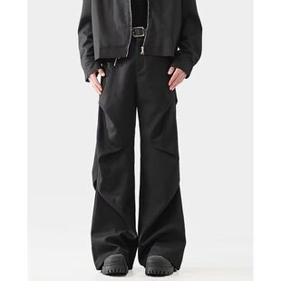 男款 春季 黑色西裤 宽松褶皱阔腿拖地微喇垂感休闲裤 美式