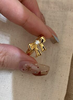 中古风高级立体镶嵌单钻蝴蝶结戒指甜美时尚简约设计百搭气质指环