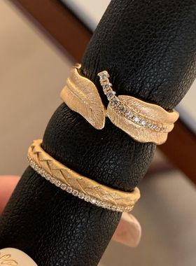 轻奢高级复古水波纹排钻戒指树叶镶钻个性百搭小众设计叠戴食指戒