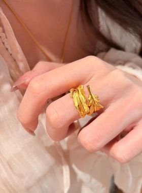 法式轻奢复古新中式拉丝羽毛戒指缠绕个性不规则国潮百搭精致指环