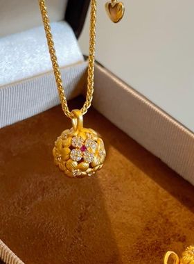 复古新中式拉丝镶钻绣花球项链古法吊坠花朵精致国风高级感锁骨链
