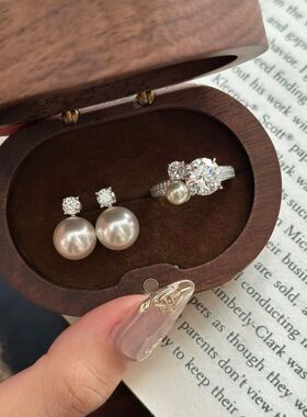 轻奢高级感大圆钻珍珠戒指耳钉镶嵌锆石简约设计复古气质名媛