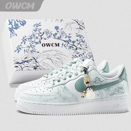 Nike Air Force 1 AF1青色烟雨水墨风低帮休闲板鞋男女鞋定制鞋