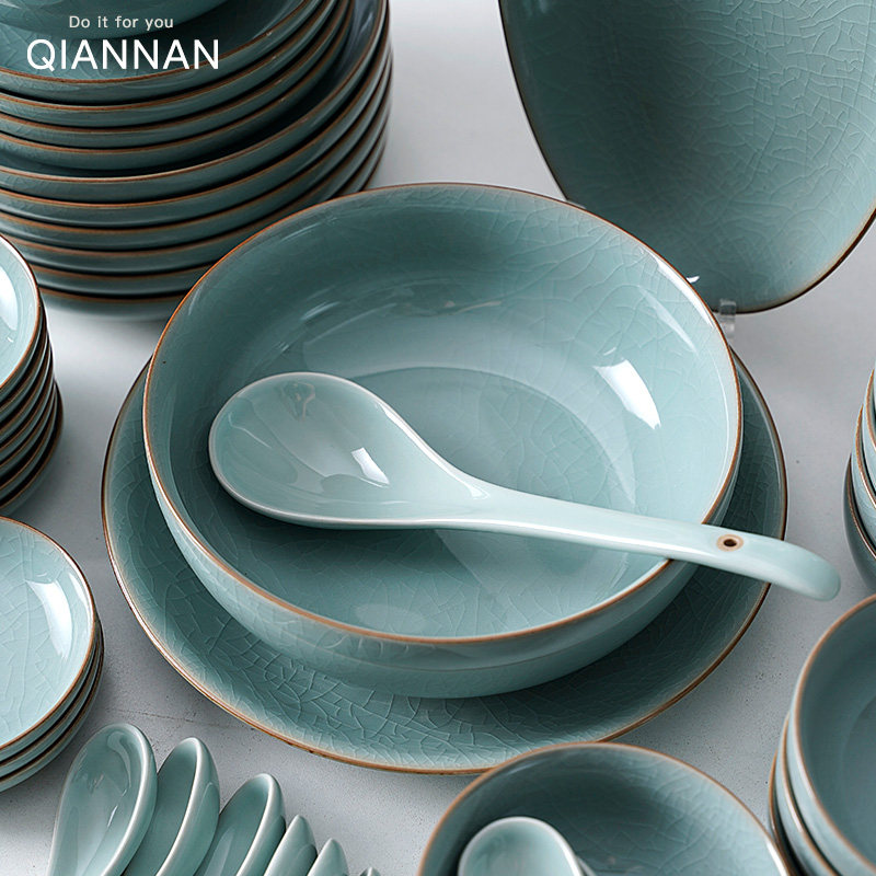 哥窑青瓷开片碗碟套装家用餐具组合新中式宋代天青陶瓷碗盘子摆盘