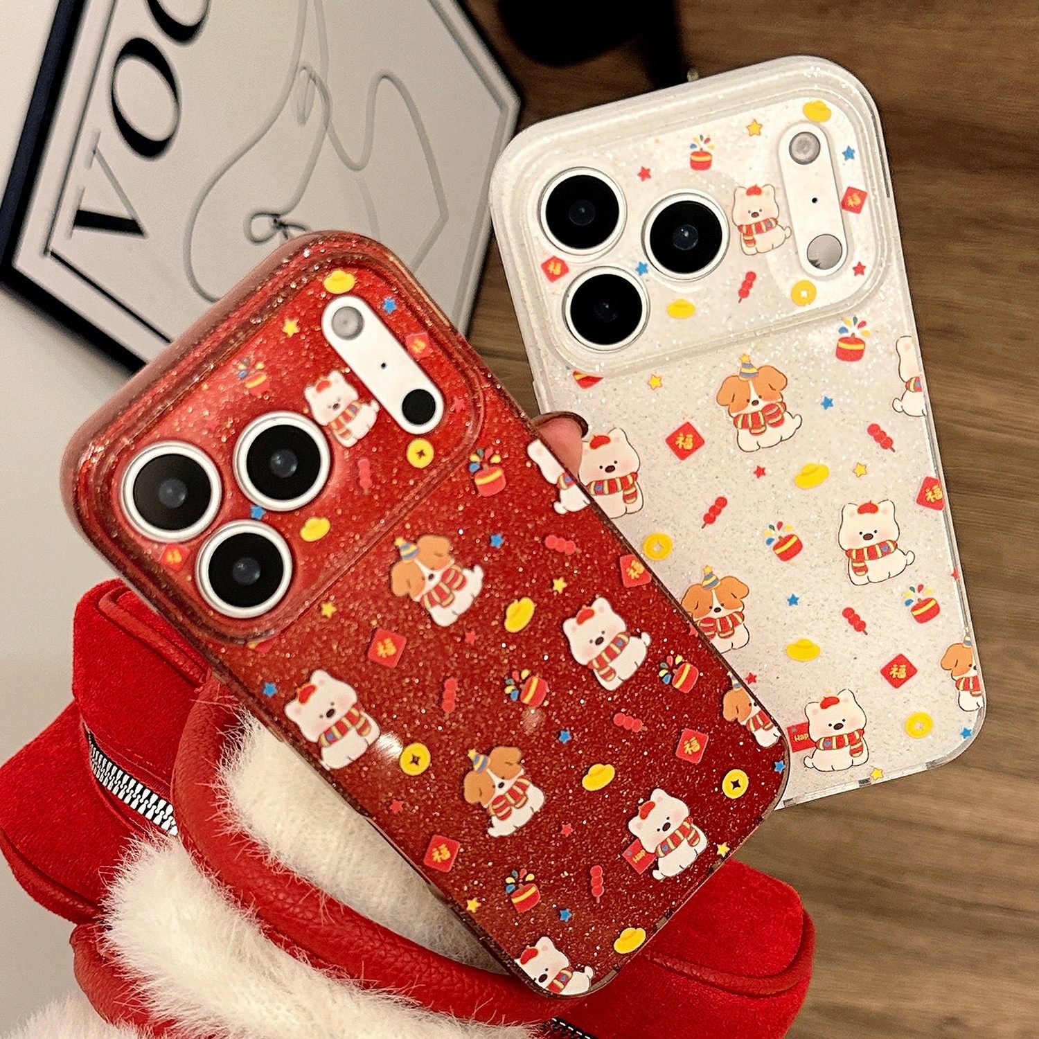 桔子猫适用iphone17透明闪粉手机壳17Pro新年红色苹果16promax可爱小狗15Pro全包Max喜庆14卡通13情侣手机壳