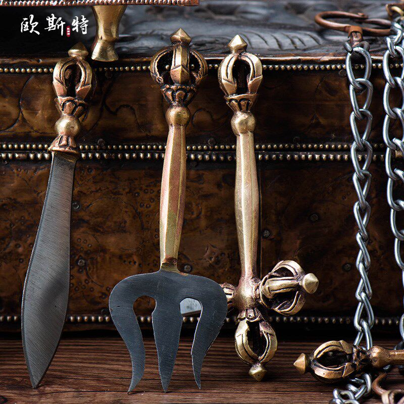 热销佛具用品 尼泊尔手工铜铁金刚宝撅金刚宝杵 金刚钺刀供具一套