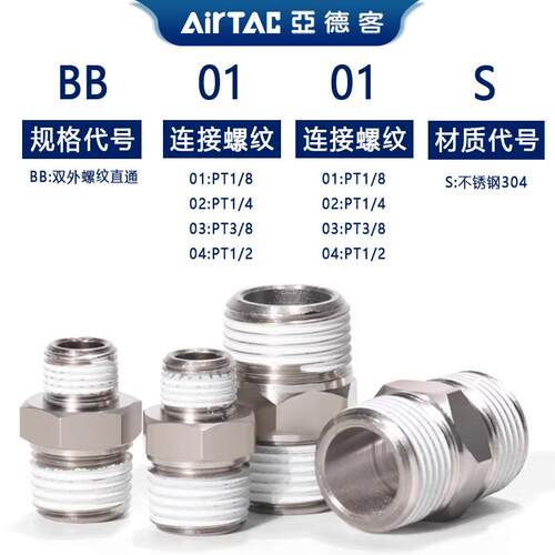 热销亚德客304接头不锈钢外牙螺纹直通BB0101-S BB0202-S BB0303-