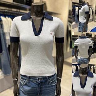 CK JEANS韩国代购26春47G308G女士翻领修身小标V领针织短袖