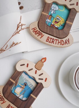 KK木作 蛋糕冰箱贴相框 实木可爱创意生日礼物桌摆拍立得相框