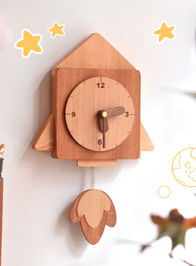 KK木作火箭挂钟儿童房简约原木风可爱创意实木日式高颜值静音钟表