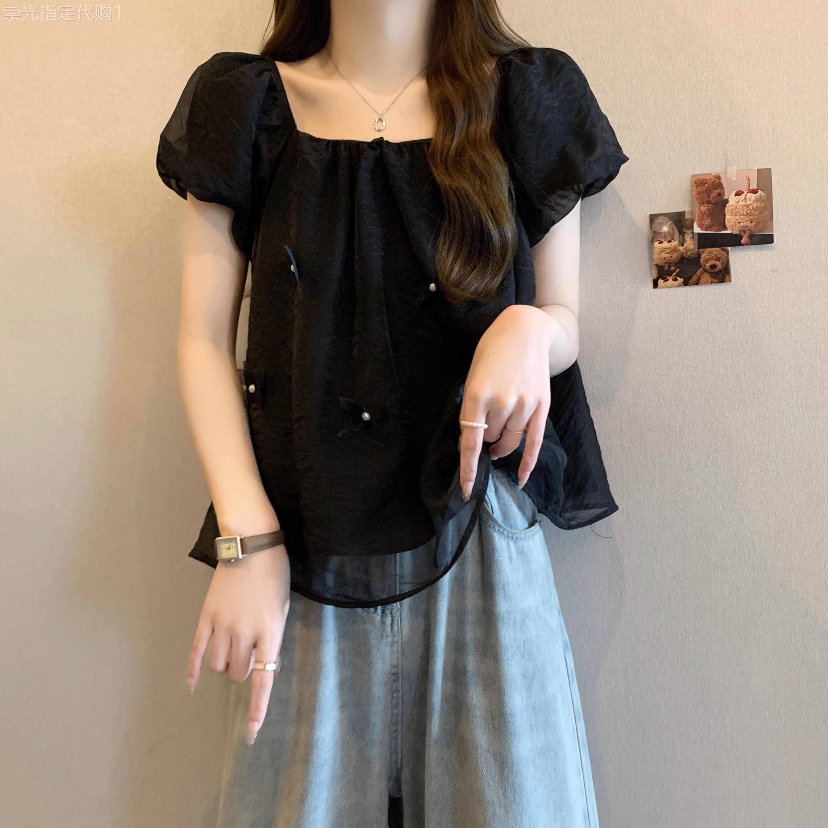 黑色法式雪纺衬衫女夏季薄款2026新款宽松大码泡泡短袖娃娃衫上衣