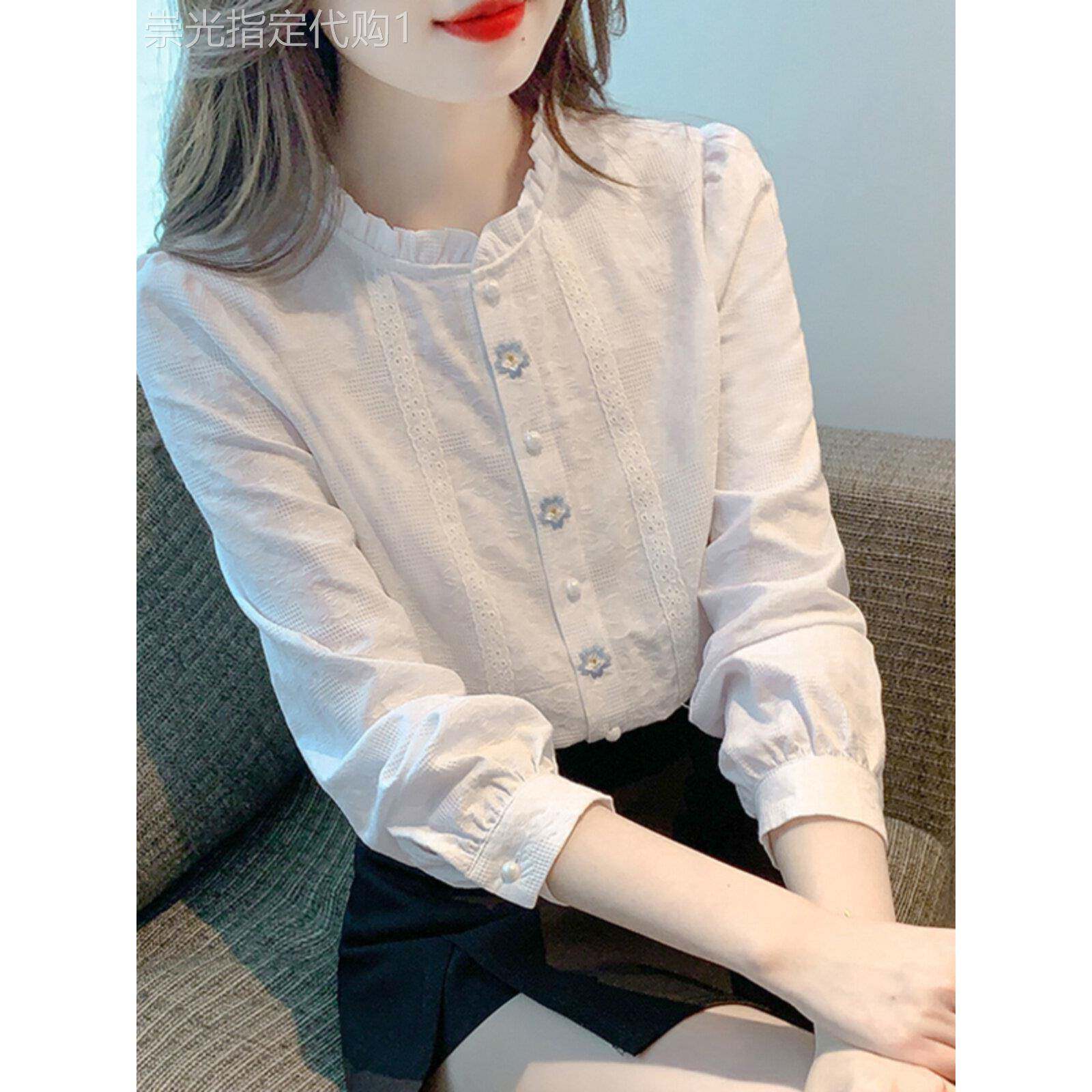 木耳边立领纯棉衬衫女春秋款甜美长袖内搭打底衫宽松显瘦刺绣上衣