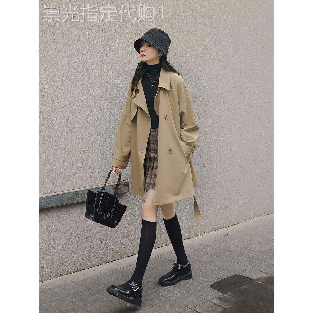 卡其色风衣女春秋大衣小个子英伦风外套中长款双排扣收腰翻领上衣